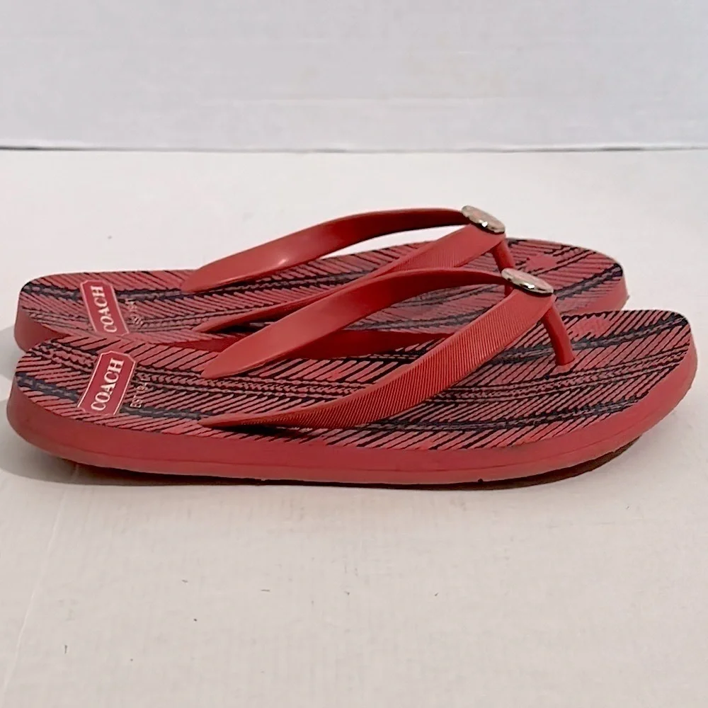 Coach Red Flip Flops with Gold Accents